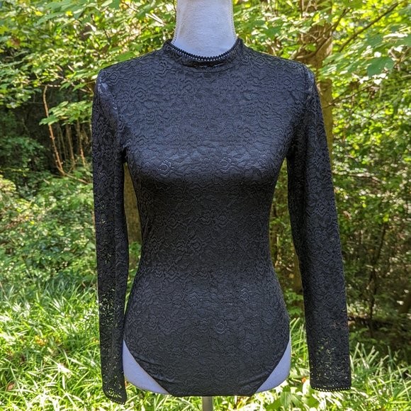 JONATHAN SIMKHAI Stretch Lace Bodysuit Long Sleeves in Semi Sheer Black Sz Small - Picture 1 of 11